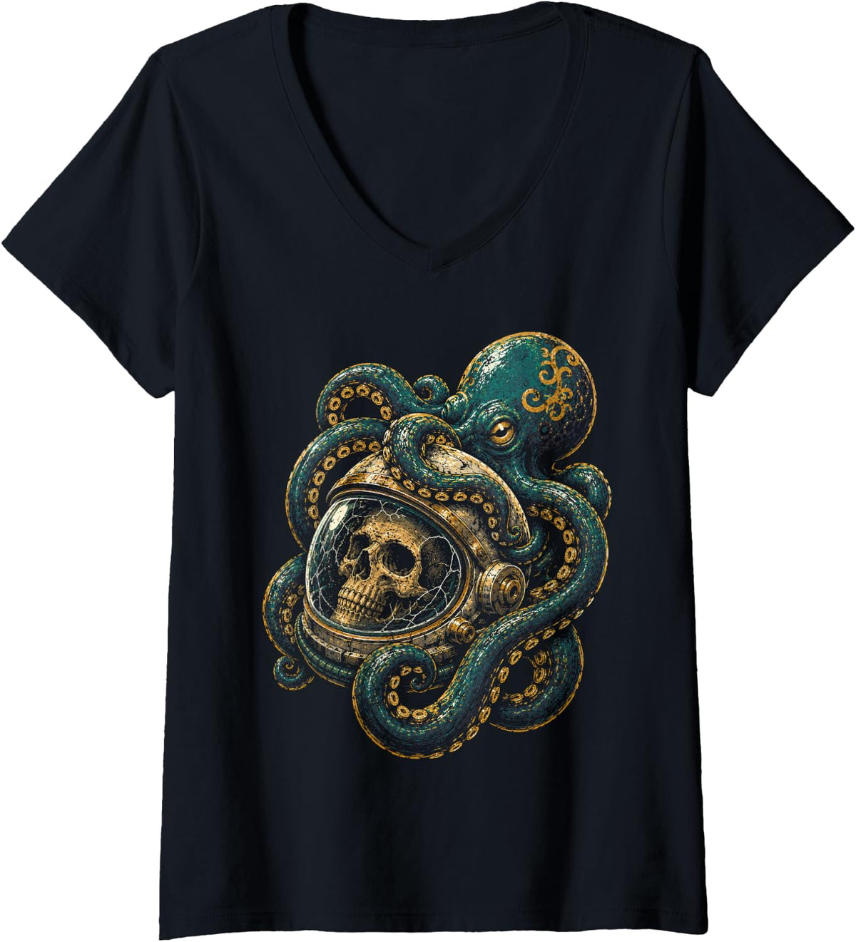 Women's Octopus Skulls Astronaut Deep Sea Space Halloween Kraken V-Neck T-Shirt - Black