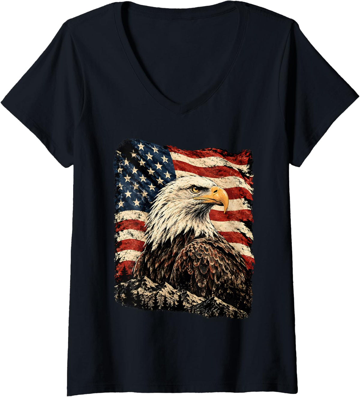 Women's Patriotic Bald Eagle V-Neck T-Shirt - Black