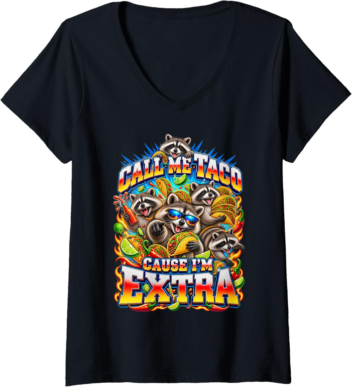 Women's Funny Raccoon Call Me Taco Cause I'm Extra Bootleg Raccoons V-Neck T-Shirt - Black