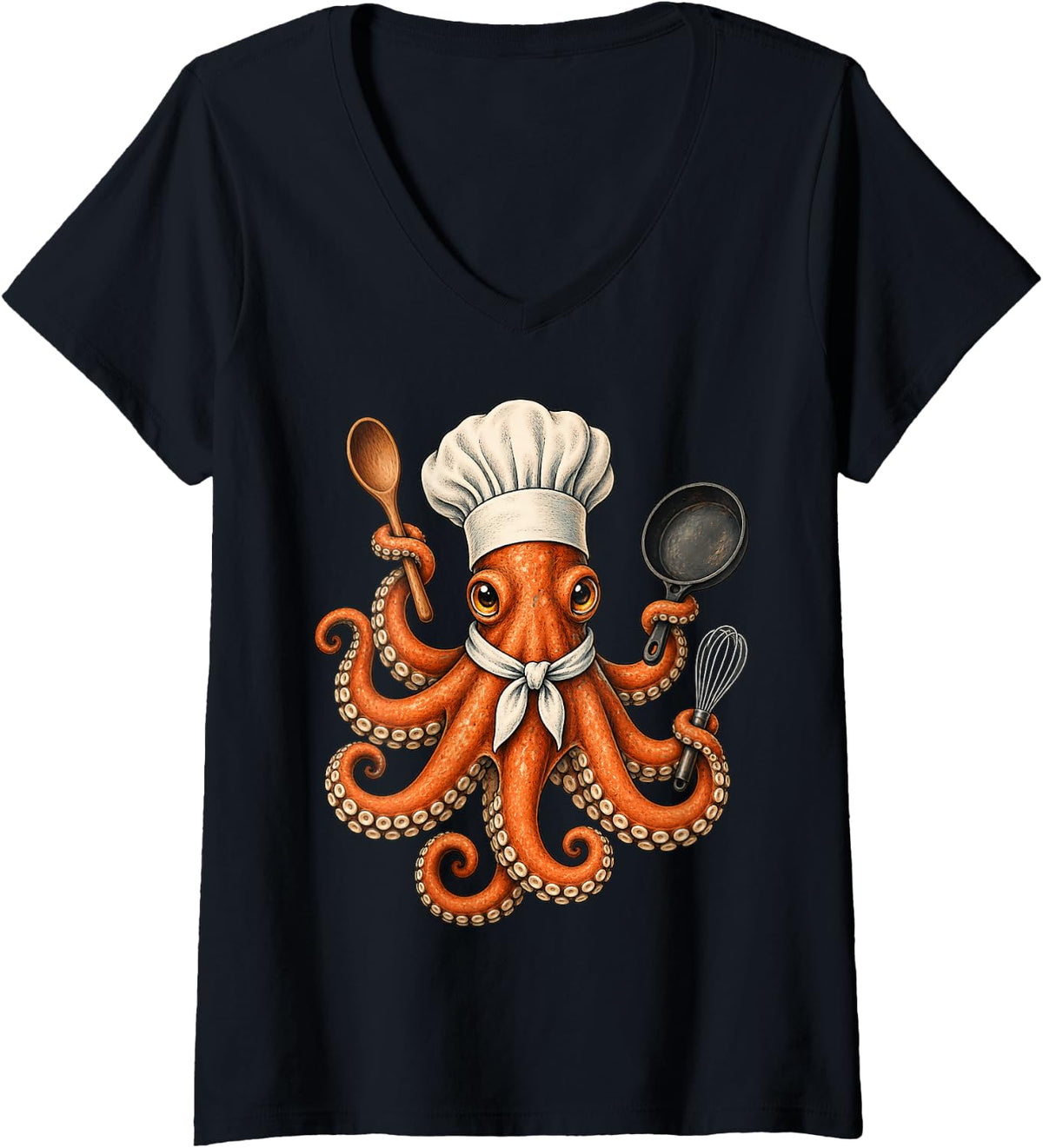 Women's Chef Octopus Cooking Kitchen Culinary Seafood Cook V-Neck T-Shirt - Black