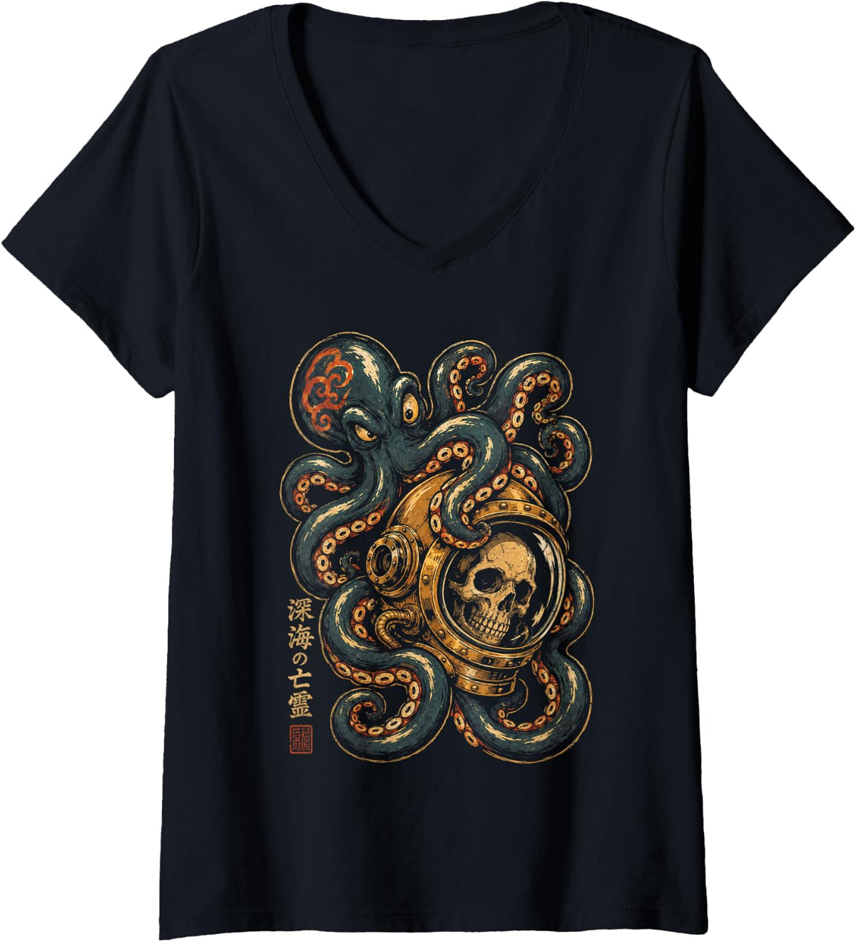 Women's Octopus Skulls Astronaut Deep Sea Space Kraken Halloween V-Neck T-Shirt - Black