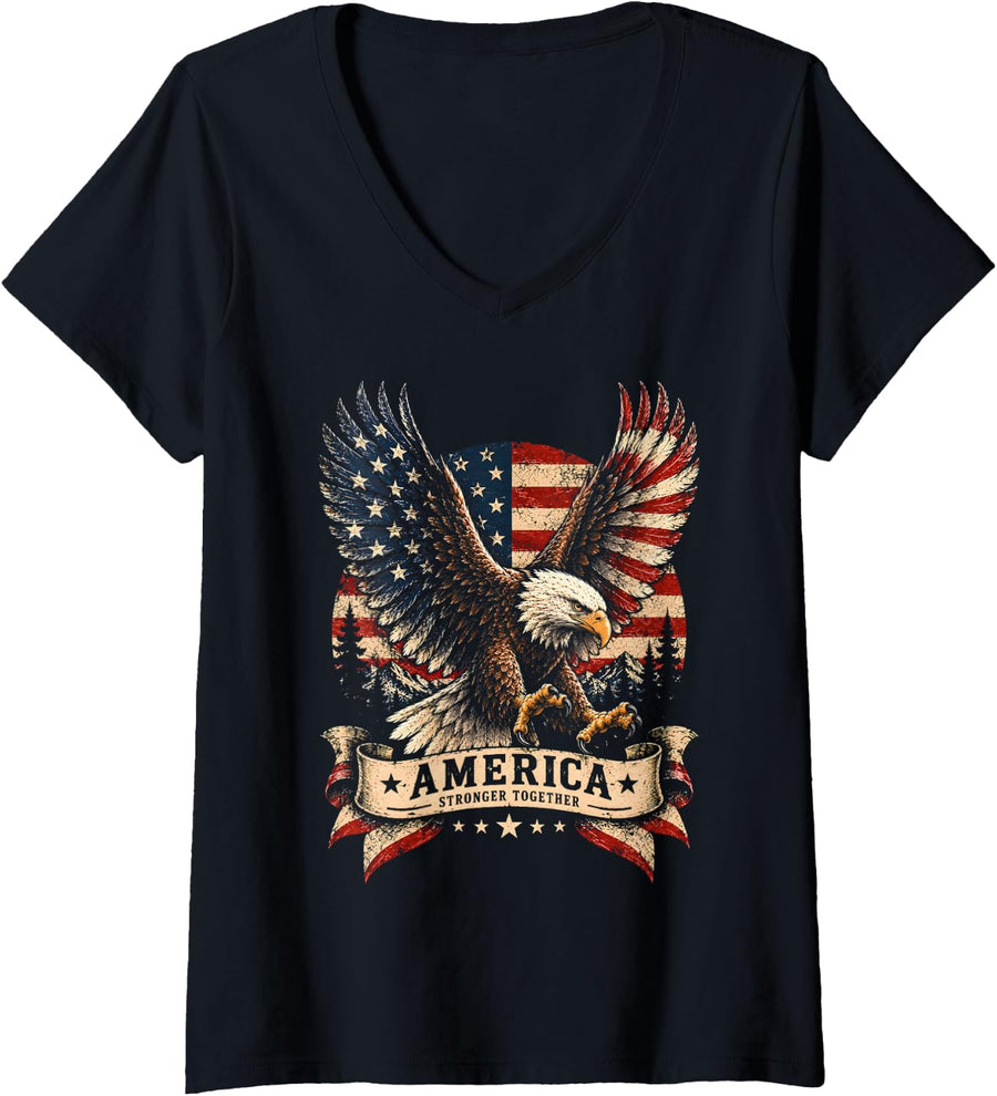 Women's Bald Eagle American Flag V-Neck T-Shirt - Black