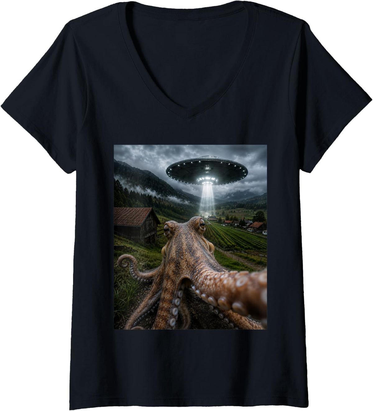 Women's Octopus Selfie with Alien UFO Funny Meme V-Neck T-Shirt - Black