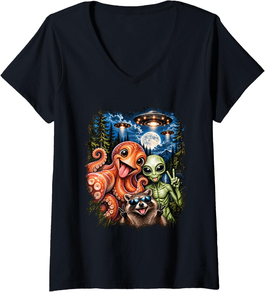 Women's Octopus Selfie Alien Raccoon UFO Funny Men Women Kids V-Neck T-Shirt - Black