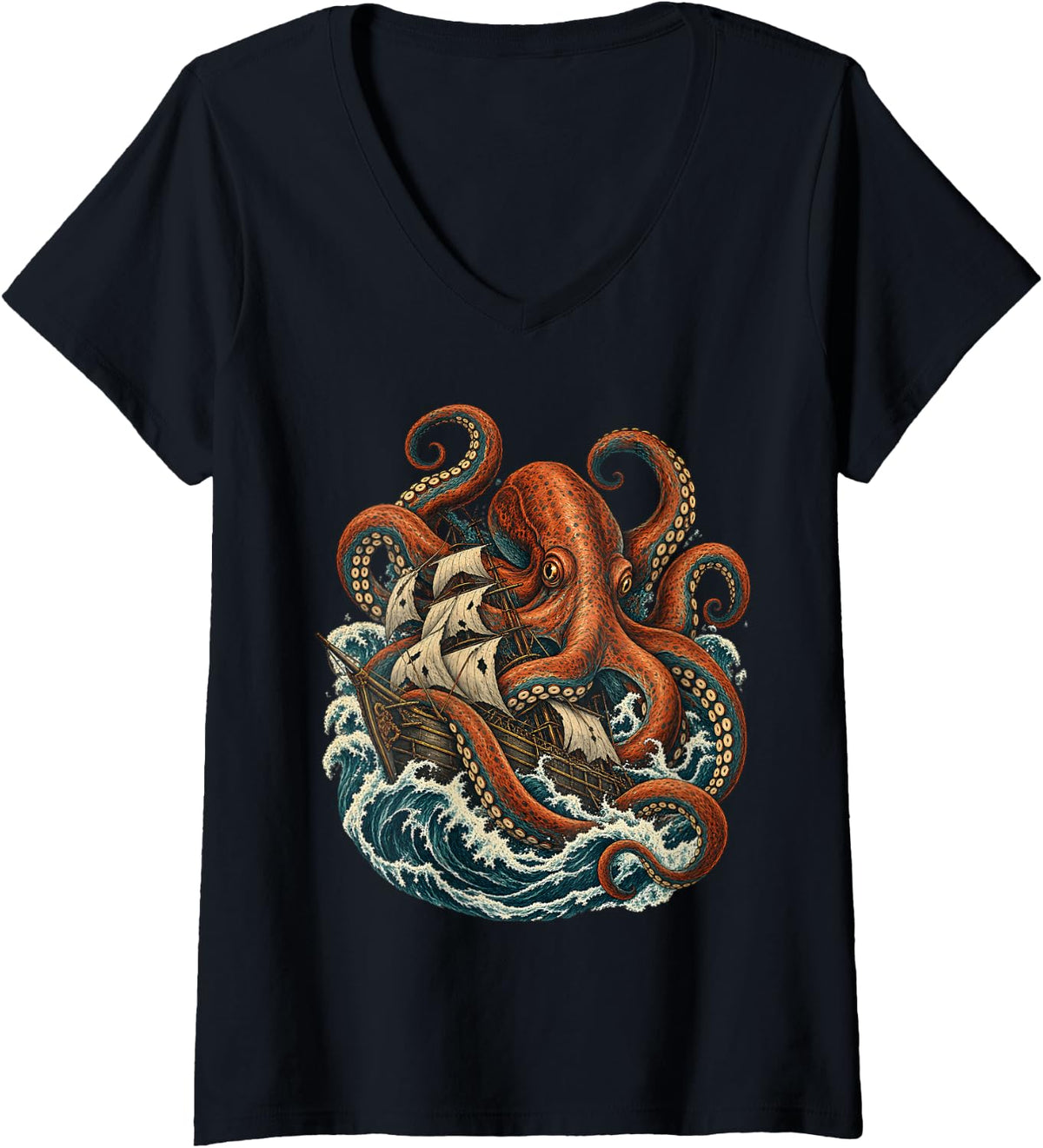 Women's Pirate Ship Kraken Octopus Sea Monster Ocean Art V-Neck T-Shirt - Black