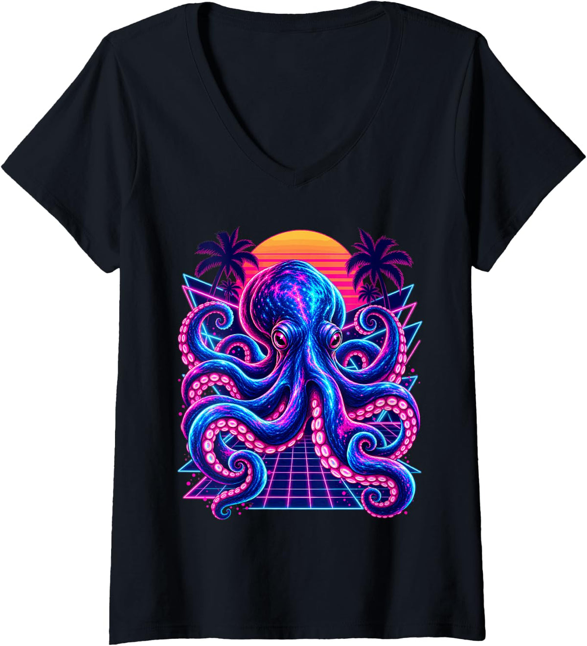 Women's Retrowave Synthwave Octopus Vaporwave Ocean Animal V-Neck T-Shirt - Black