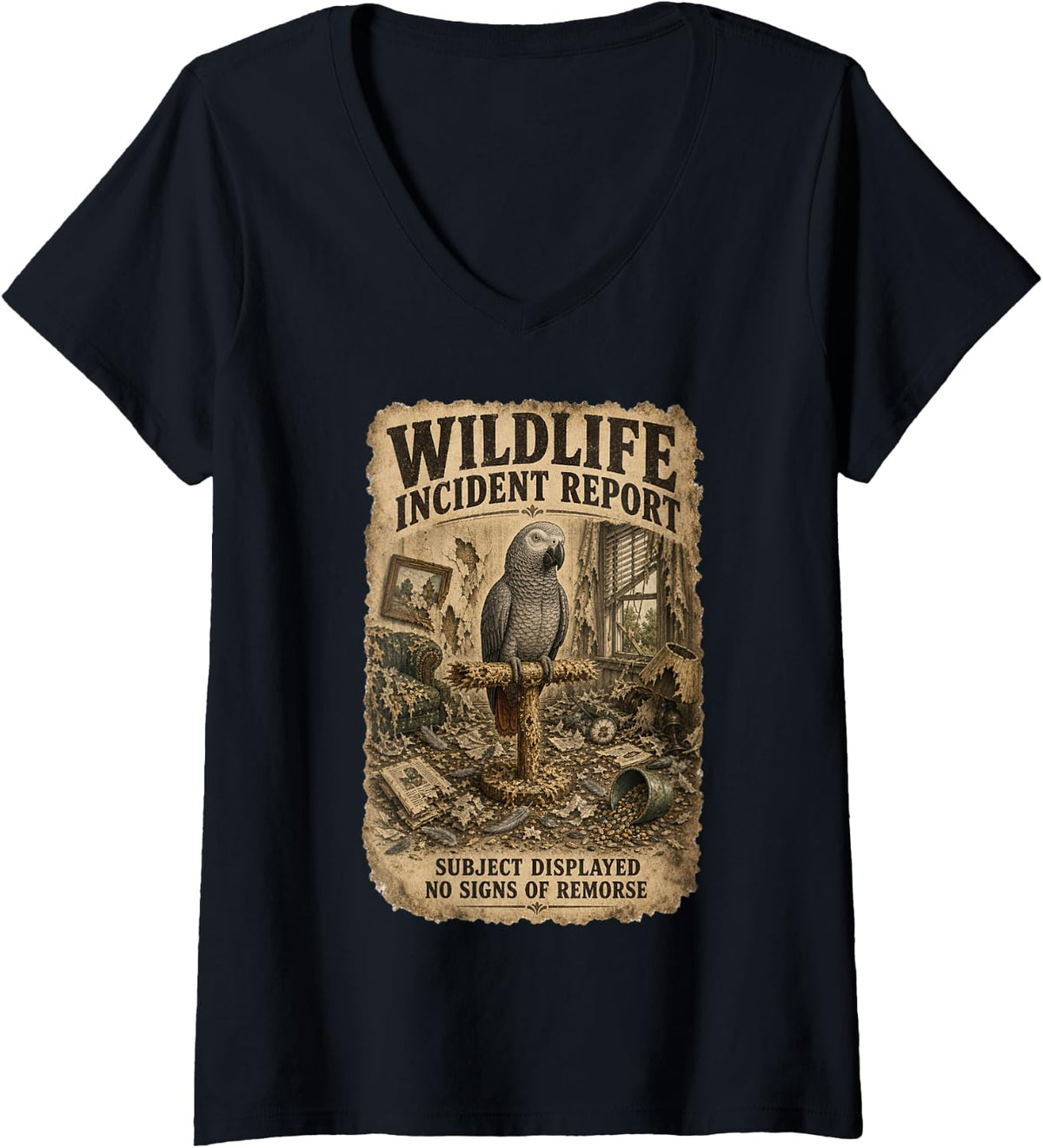 Women's Funny Parrot Wildlife Incident Report V-Neck T-Shirt - Black