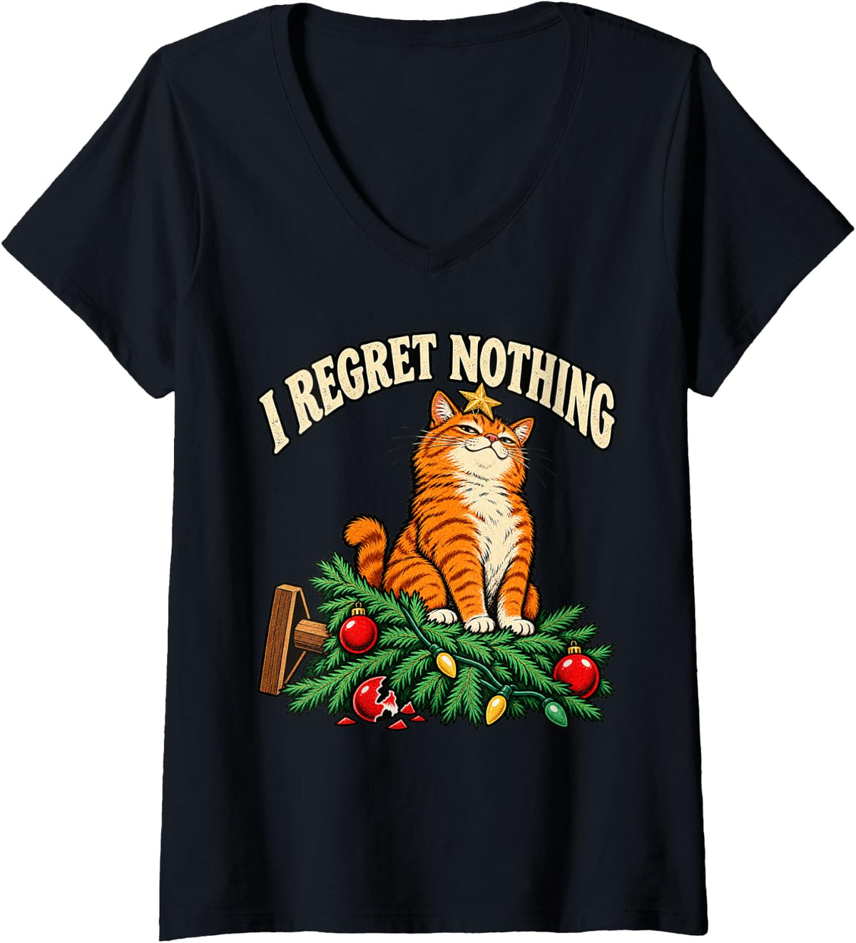 Women's Funny Ginger Cat Christmas Tree Decorating Mess V-Neck T-Shirt - Black