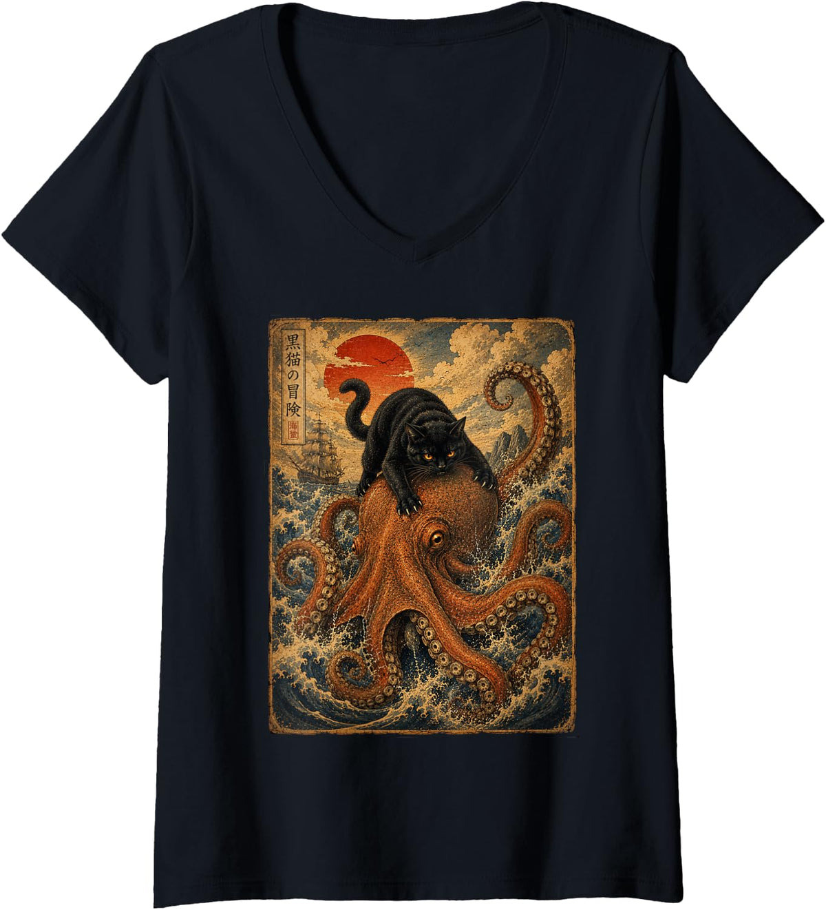 Women's Vintage Black Cat Riding Octopus Ocean Wave Japanese Art V-Neck T-Shirt - Black