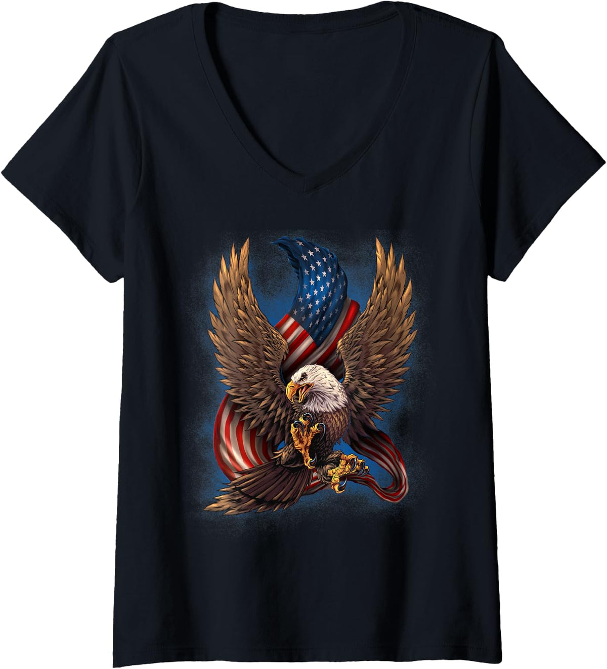 Womens Patriotic American Design With Eagle And Flag Black or Blue V-Neck T-Shirt - Black