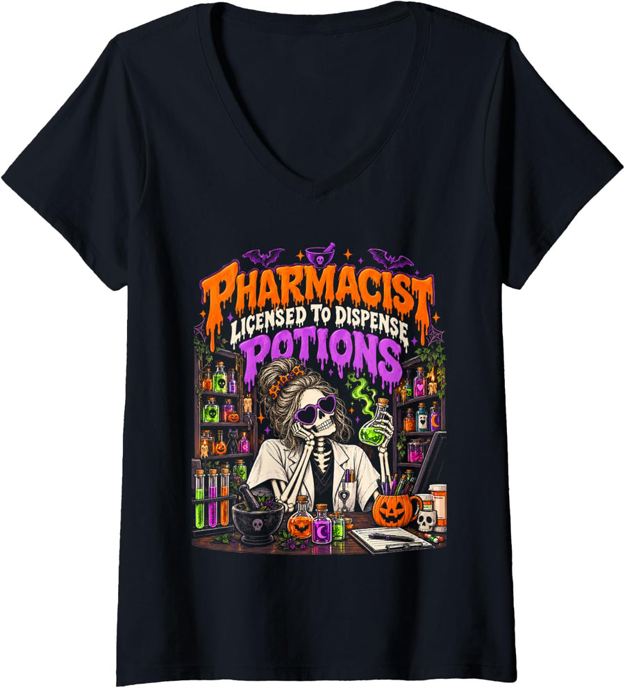 Women's Pharmacist Licensed to Dispense Potions Halloween Pharmacy V-Neck T-Shirt - Black
