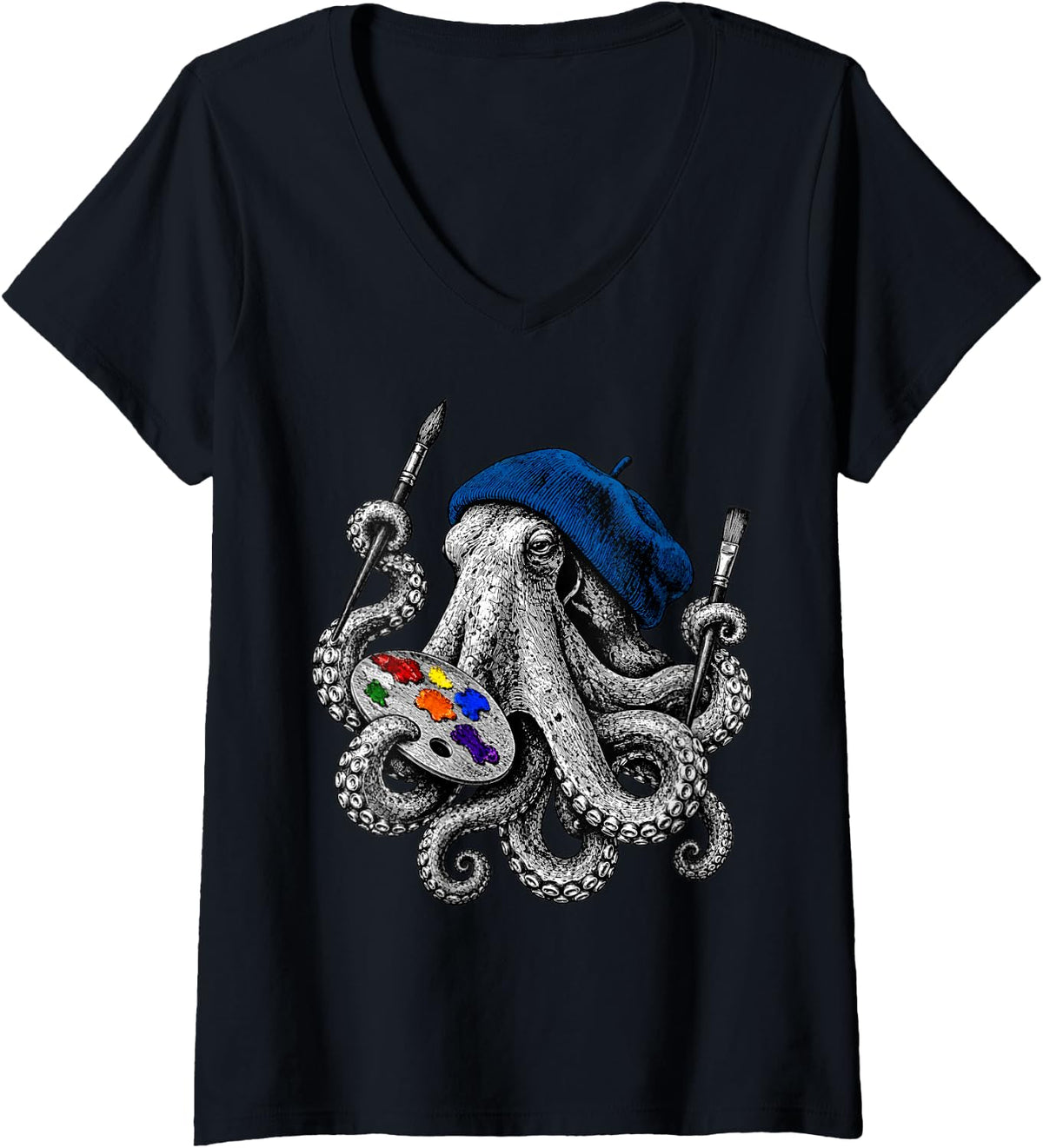 Women's Artist Octopus Painter Beret Palette Brush Art V-Neck T-Shirt - Black