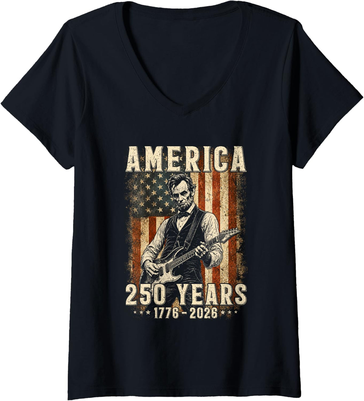 Women's Vintage Abraham Lincoln Abe Lincoln Playing Guitar 250 Years V-Neck T-Shirt - Black