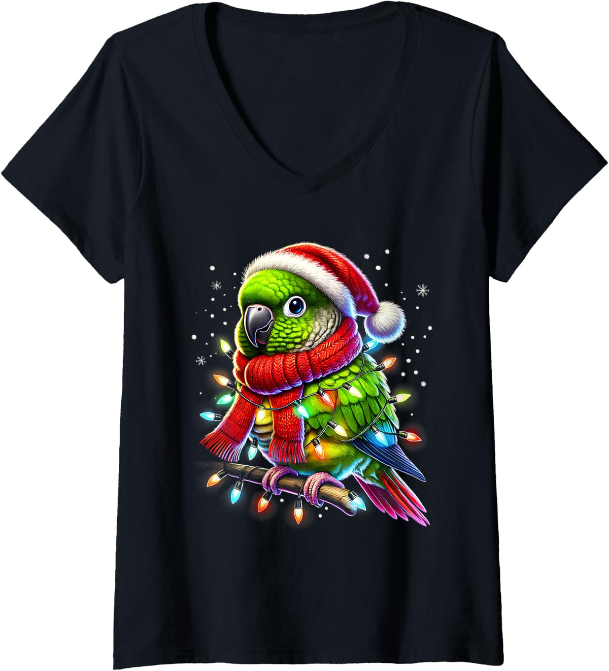 Women's Green Cheek Conure Christmas Tree Lights Xmas Parrot Lover V-Neck T-Shirt - Black