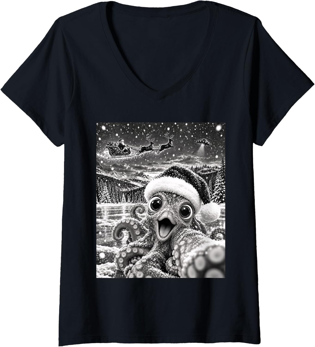 Women's Octopus Selfie with Santa Funny Christmas Men Women Kids V-Neck T-Shirt - Black