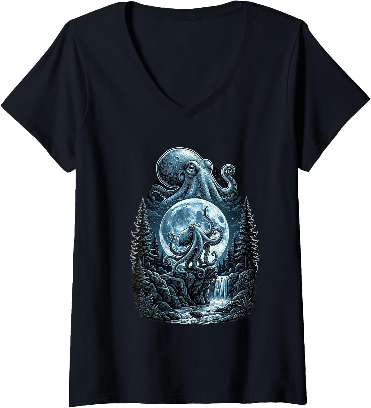 Women's Kraken Octopus Howling to The Moon Funny Meme Lover Men V-Neck T-Shirt - Black