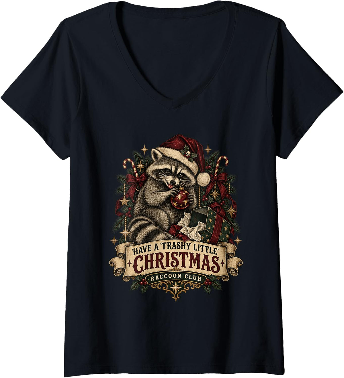 Women's Have A Trashy Little Christmas Raccoon Funny Xmas V-Neck T-Shirt - Black