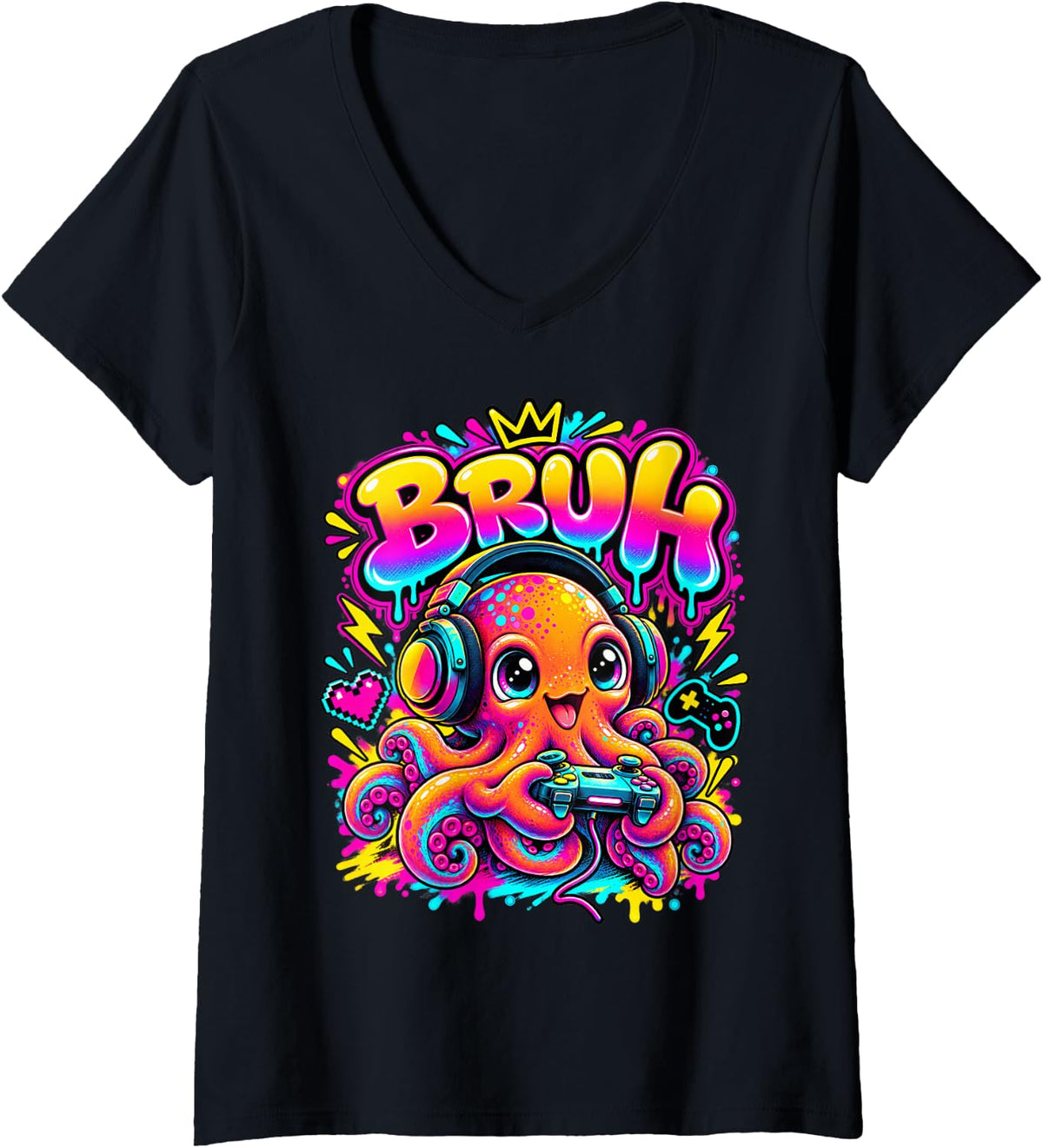 Women's Bruh Octopus Funny Video Games Boys Animal Lover V-Neck T-Shirt - Black