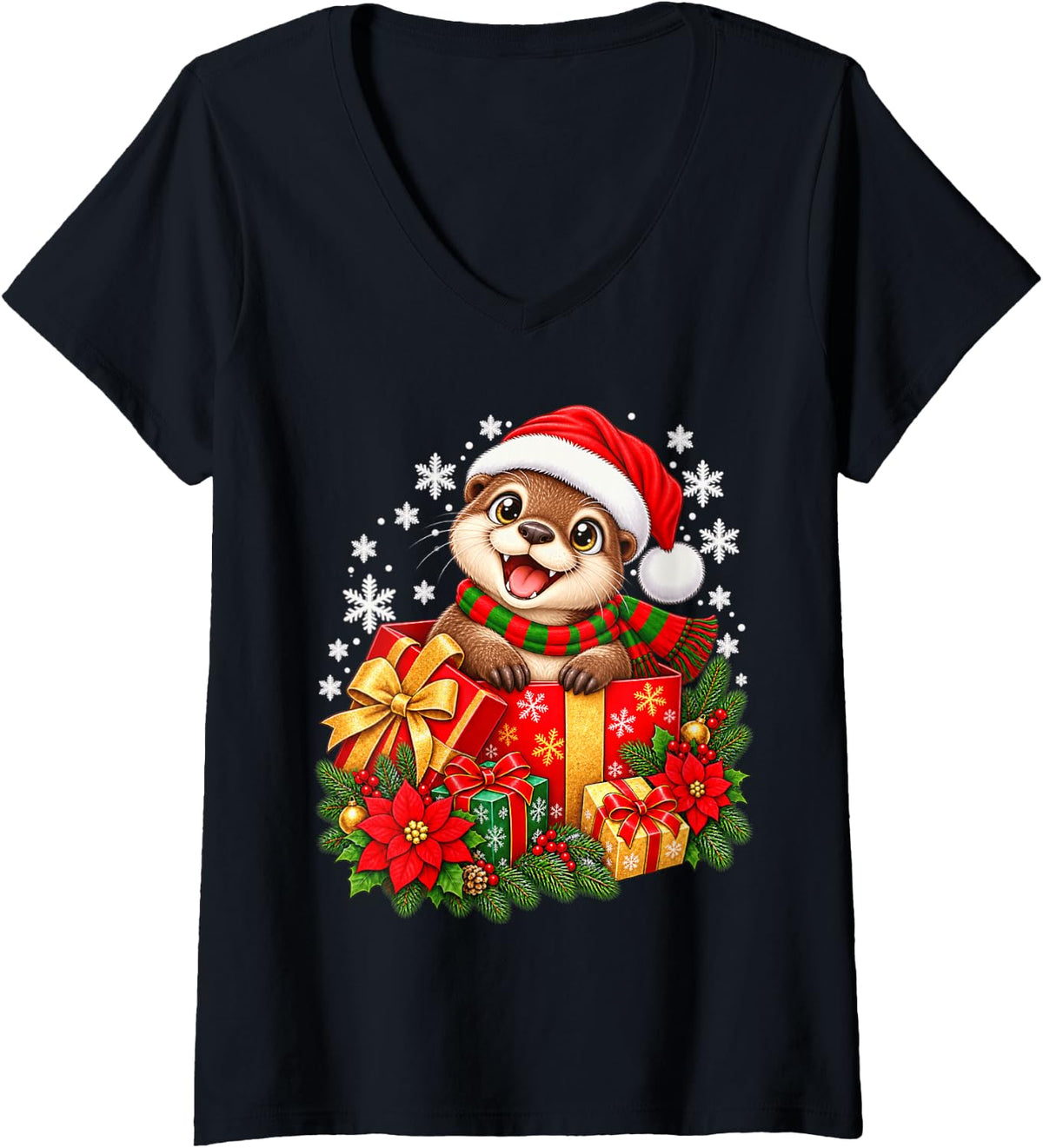 Women's Cute Christmas Octopus Santa Hat Winter Holiday V-Neck T-Shirt - Black