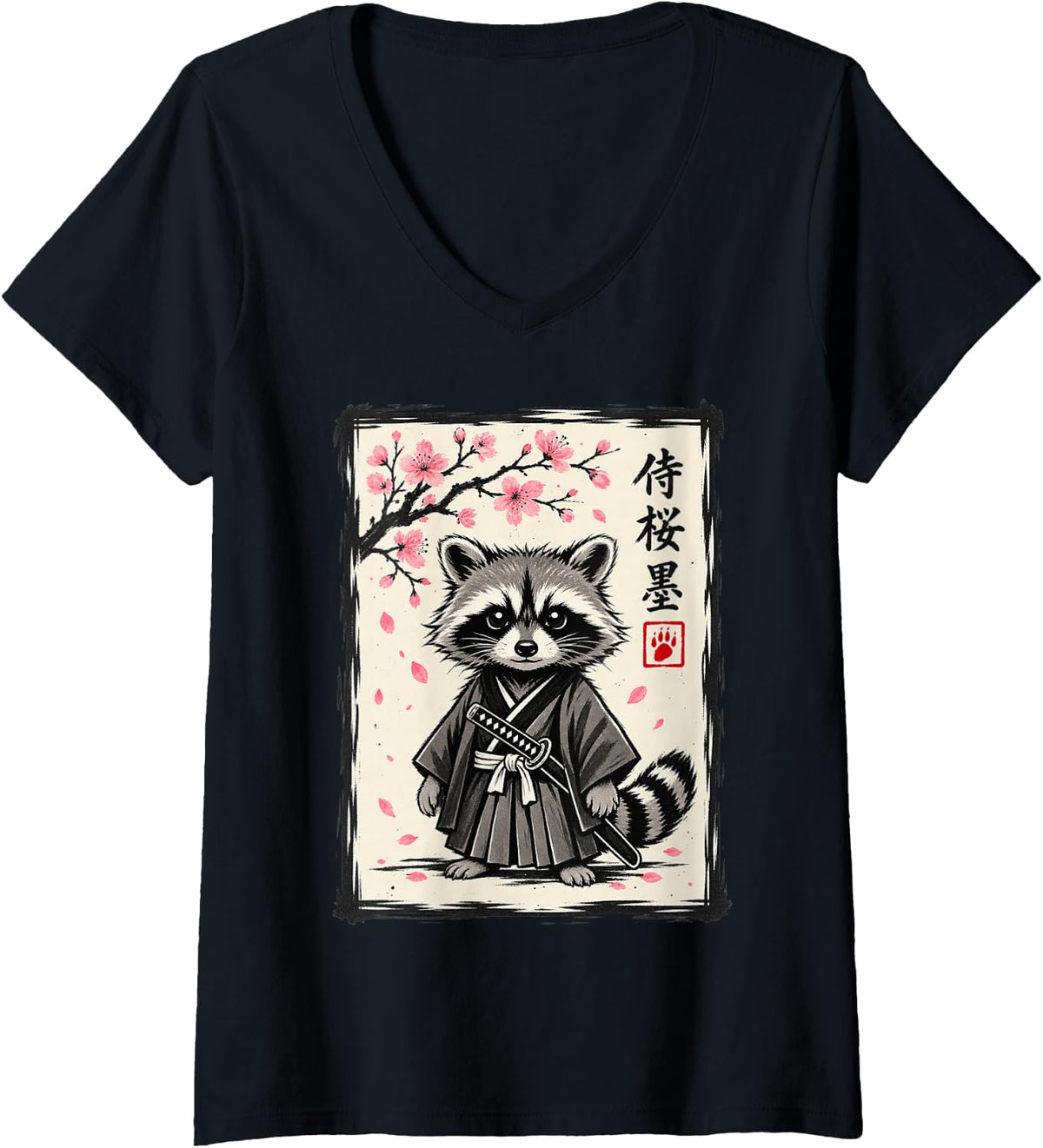 Women's Funny Samurai Raccoon Sakura Japanese Kawaii Trash Panda V-Neck T-Shirt - Black