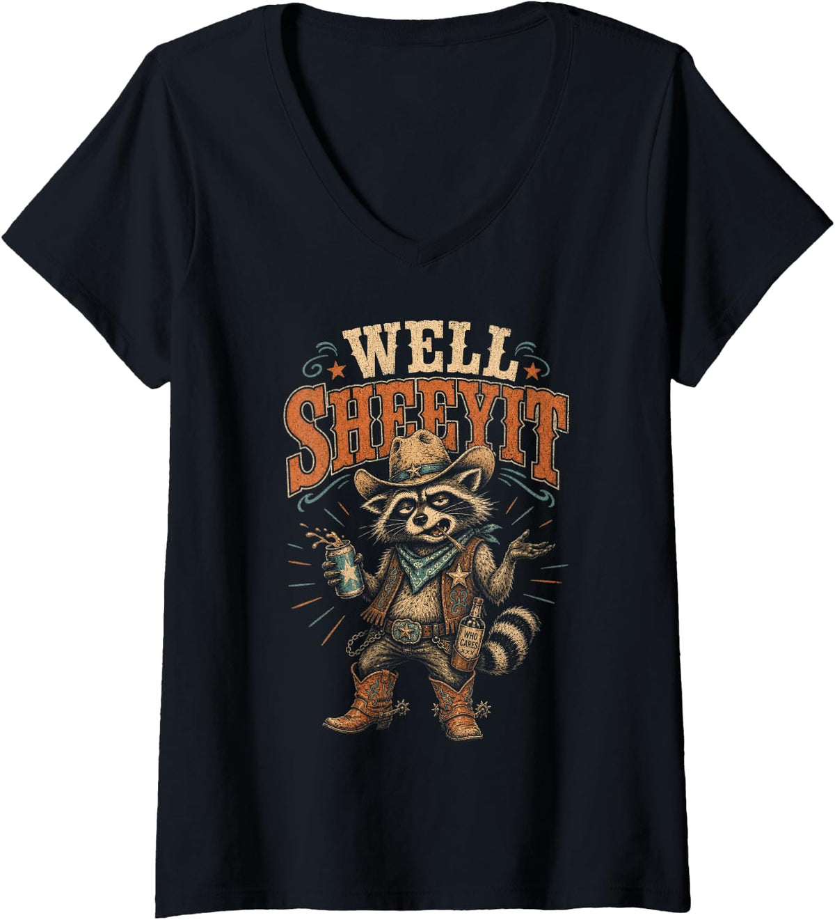 Women's Well Sheeyit Raccoon Cowboy Trash Panda Humor V-Neck T-Shirt - Black
