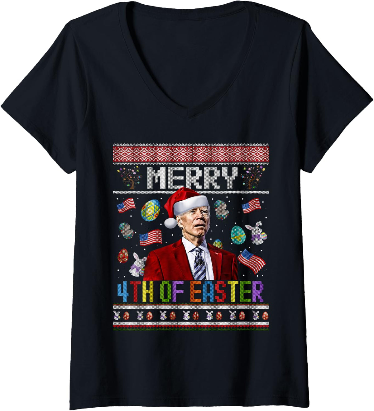 Women's Merry 4th of Easter Funny Joe Biden Christmas Ugly Sweater V-Neck T-Shirt - Black