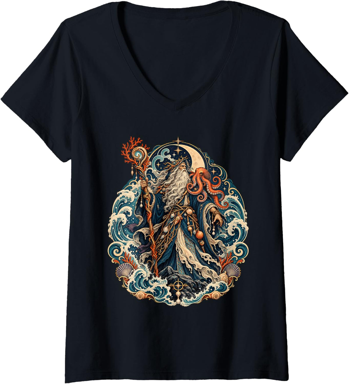 Women's Sea Sorcerer Octopus Ocean Magic Fantasy Wizard V-Neck T-Shirt - Black