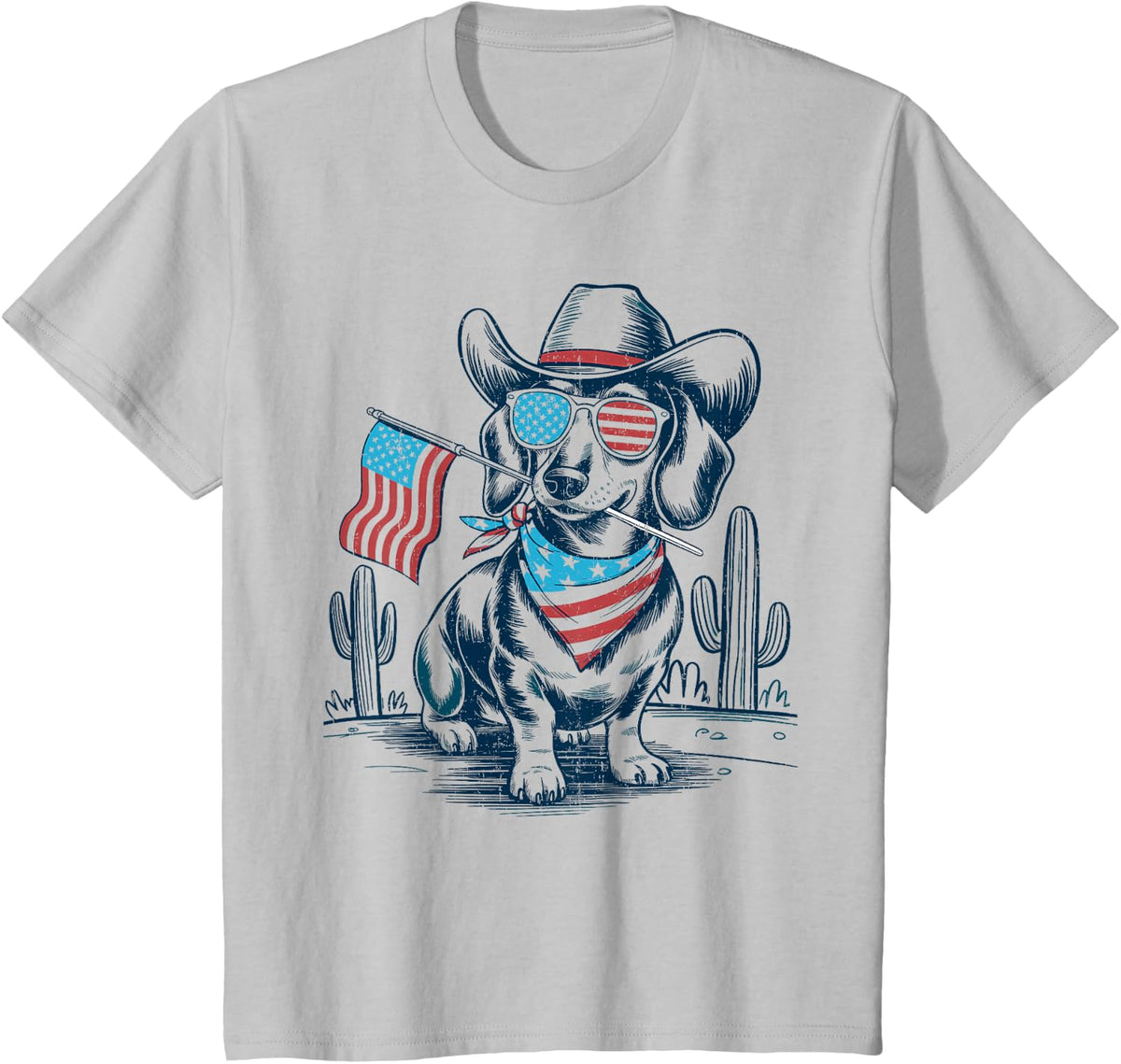 4th of July Patriotic Dachshund Cowboy Dog USA Flag T-Shirt - Silver Grey