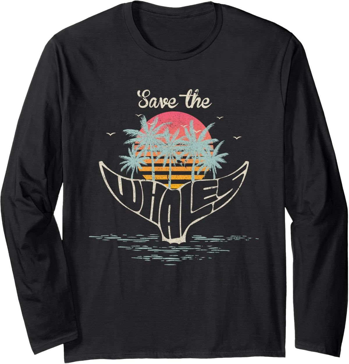 Save The Whales, Retro Orca, Killer Whale Long Sleeve T-Shirt - Adult Unisex Black