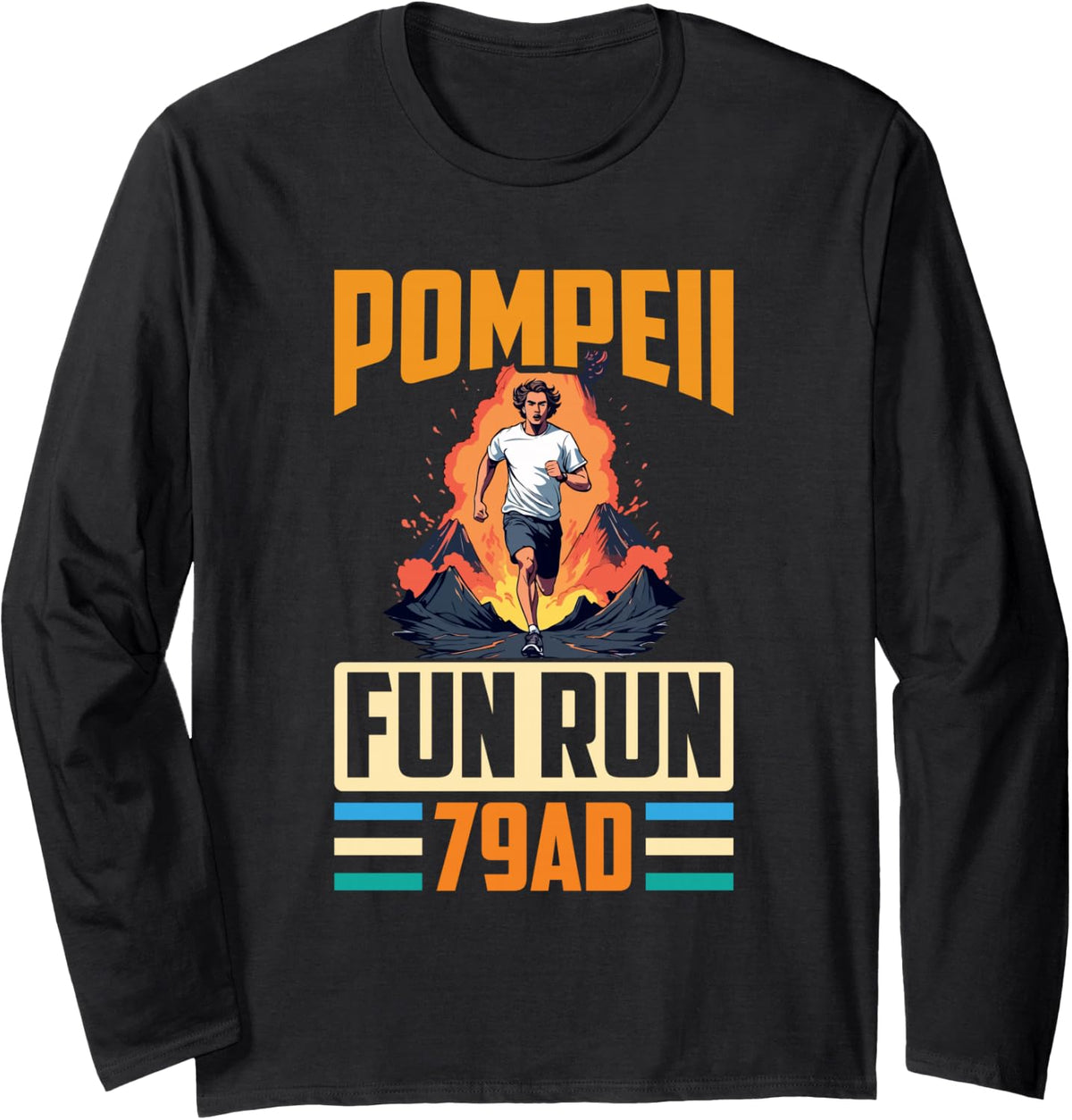 Pompeii Fun Run Volcanology 79 AD Retro Vintage Runner Long Sleeve T-Shirt - Adult Unisex Black