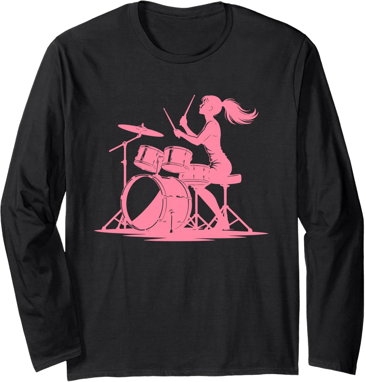 Drummer Girl Music Percussion Design Long Sleeve T-Shirt - Adult Unisex Black