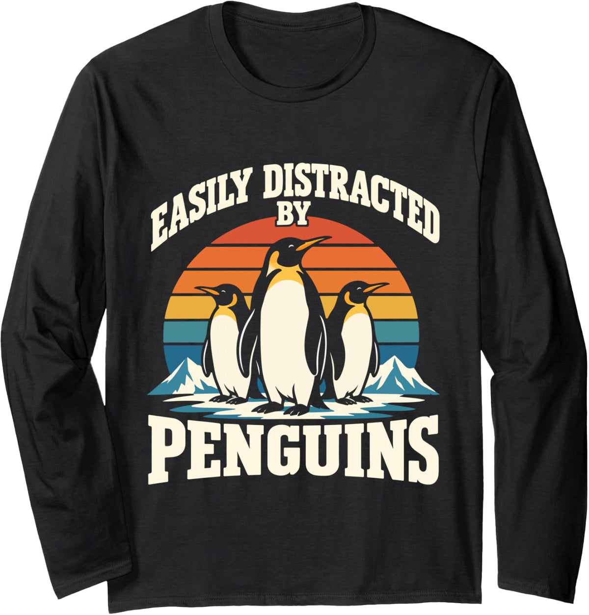 Easily Distracted by Penguins Funny Retro Penguin Long Sleeve T-Shirt - Adult Unisex Black