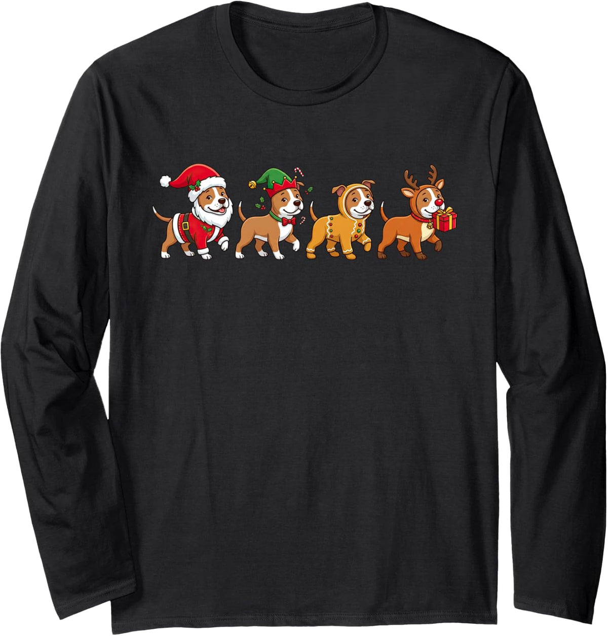 Christmas American Staffordshire Terrier Santa Gingerbread Long Sleeve T-Shirt - Adult Unisex Black