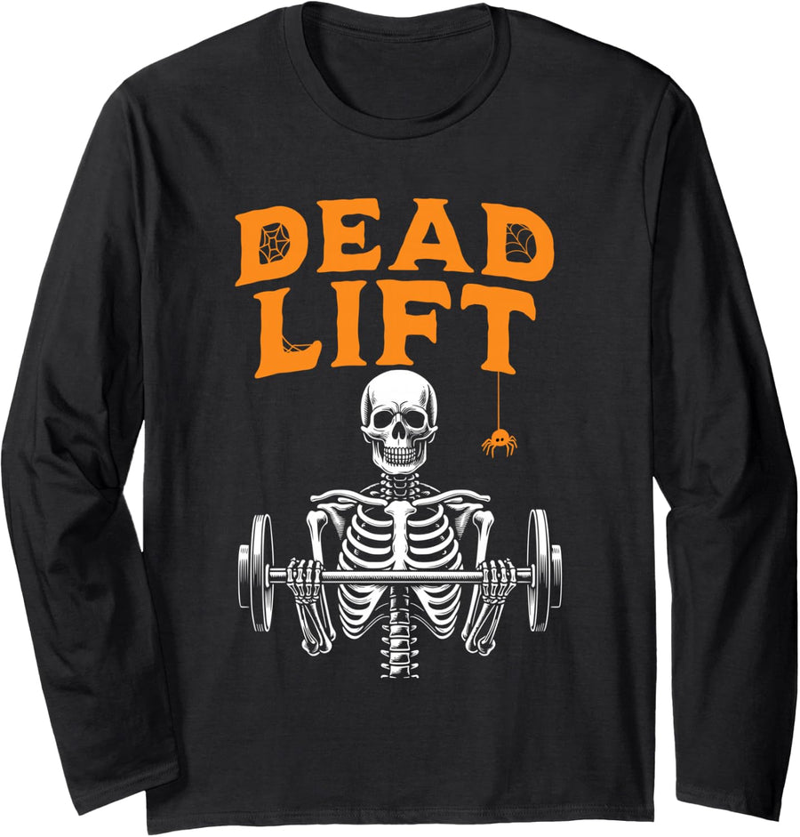 Skeleton Deadlift, Funny Halloween Fitness Gym Weightlifting Long Sleeve T-Shirt - Adult Unisex Black