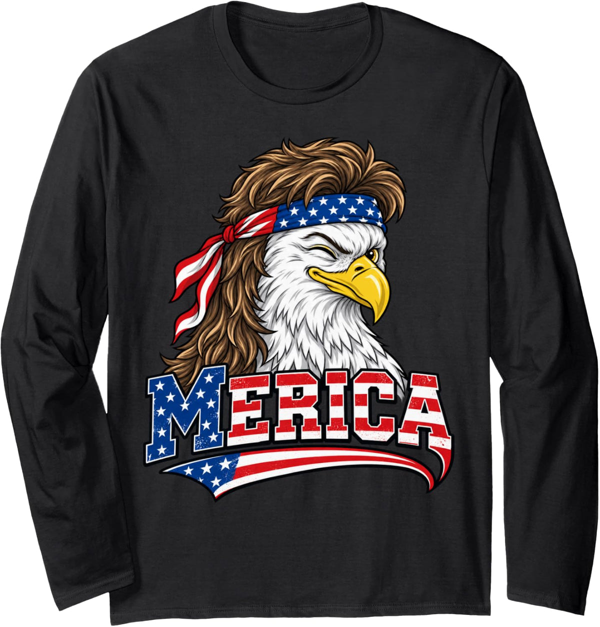 Merica Bald Eagle Mullet Patriotic USA Long Sleeve T-Shirt - Adult Unisex Black