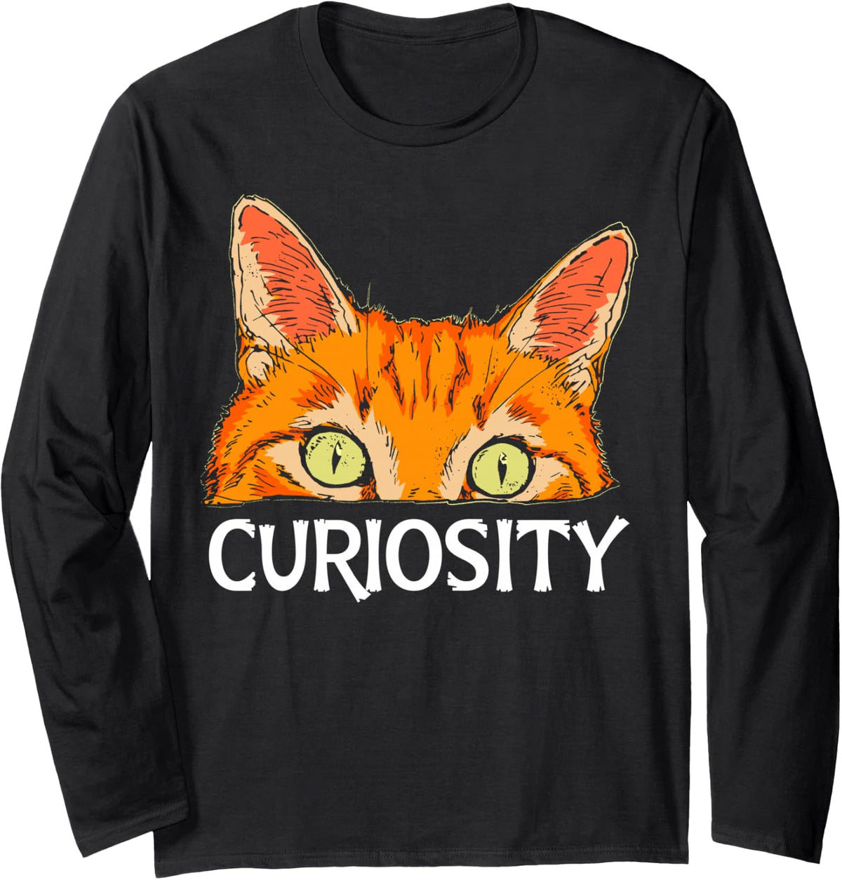 Curiosity Cat Peeking Orange Tabby Eyes Graphic Tee Long Sleeve T-Shirt - Adult Unisex Black