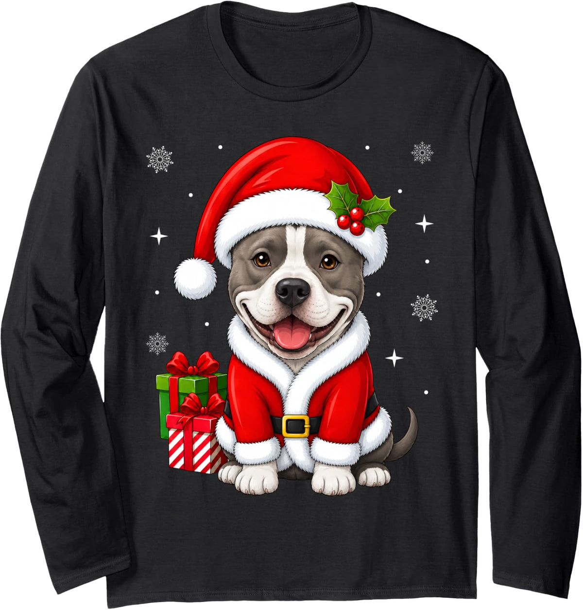American Staffordshire Terrier Dog Christmas Santa Costume Long Sleeve T-Shirt - Adult Unisex Black
