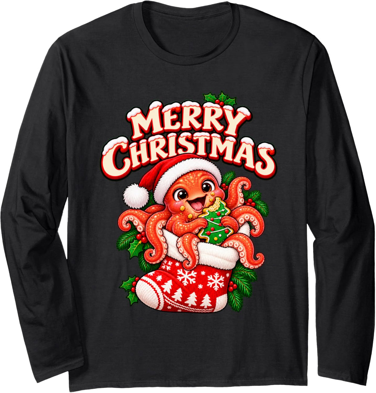 Merry Christmas Happy Octopus Cute Stocking Funny Long Sleeve T-Shirt - Adult Unisex Black