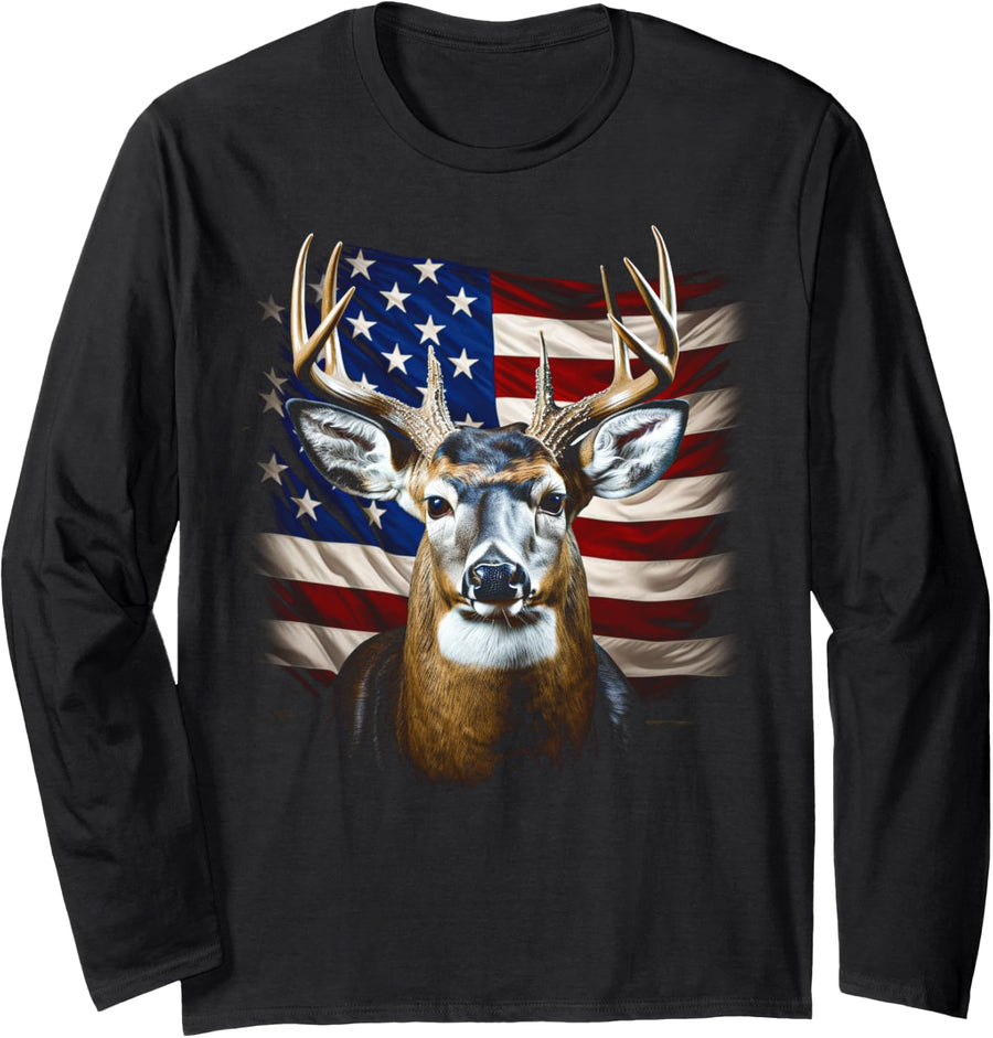 Deer Hunting American Flag Whitetail Buck Antlers Long Sleeve T-Shirt - Adult Unisex Black