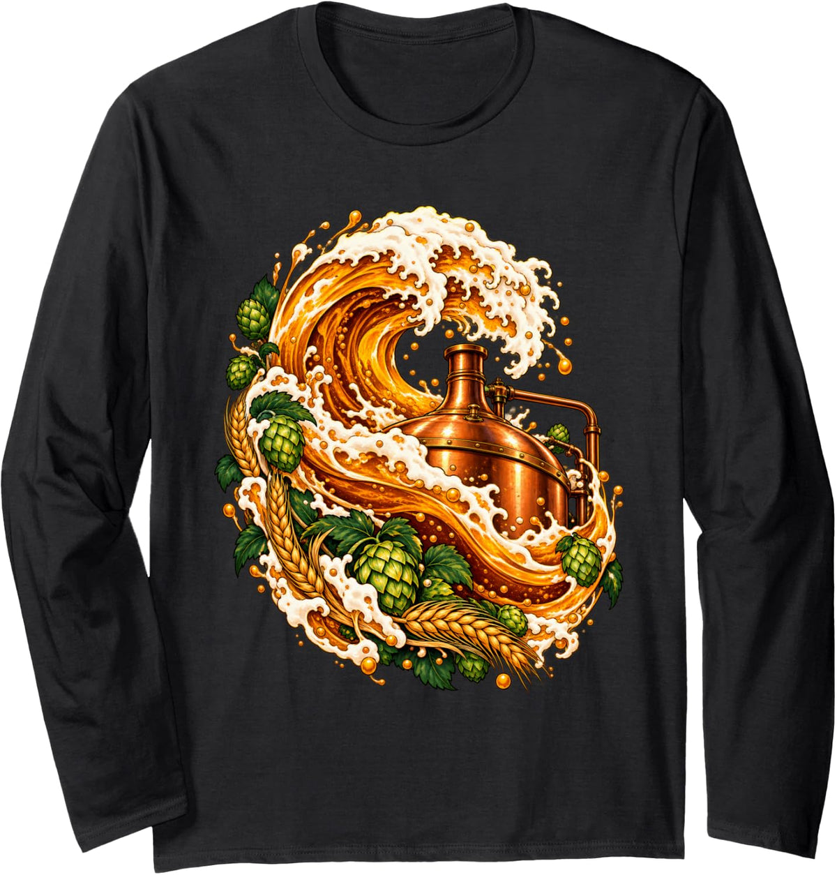 Home Brewing Beer Wave Hops and Copper Brew Kettle Long Sleeve T-Shirt - Adult Unisex Black