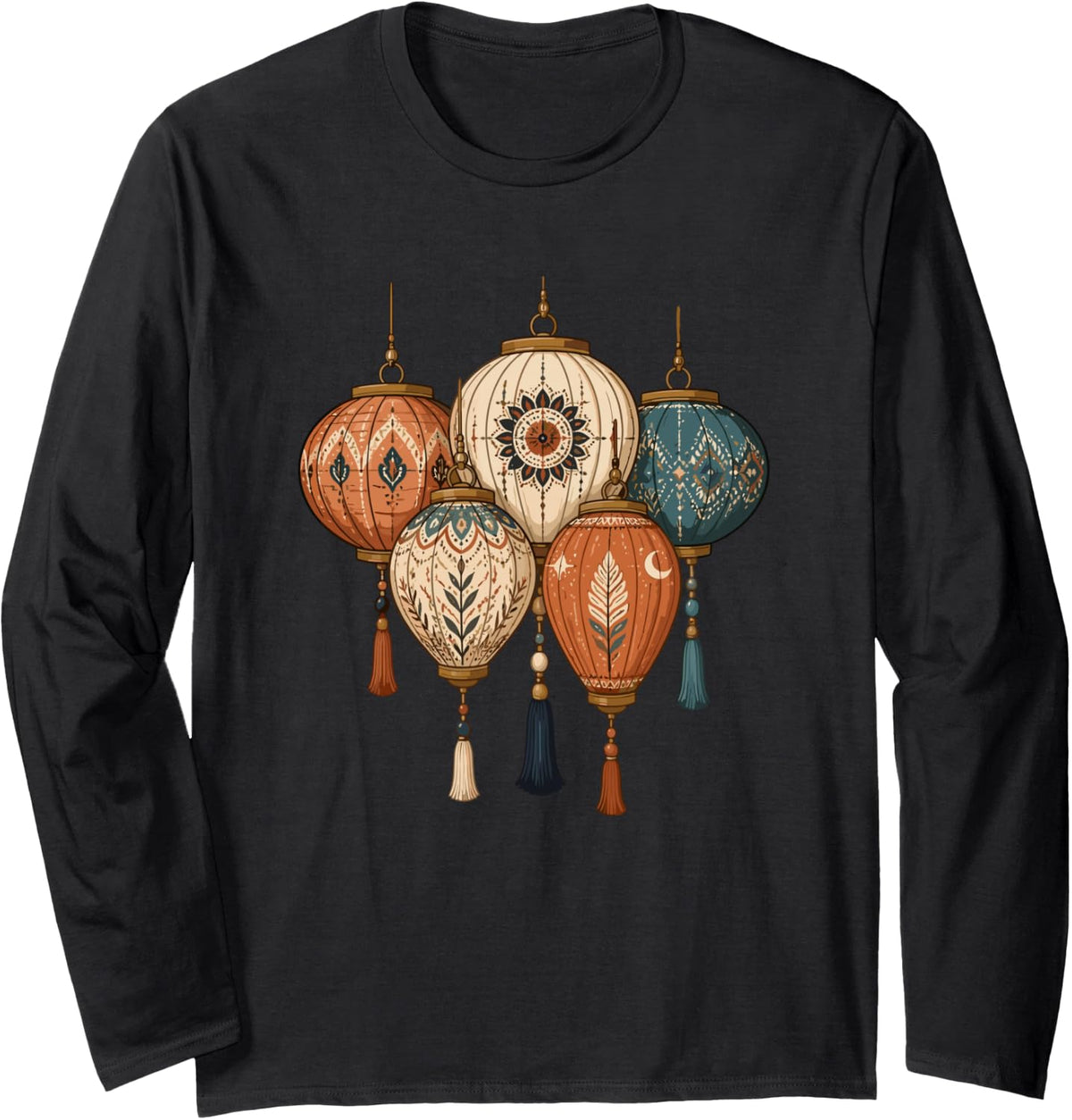 Boho Hanging Lanterns Ramadan Eid Celebration Long Sleeve T-Shirt - Adult Unisex Black