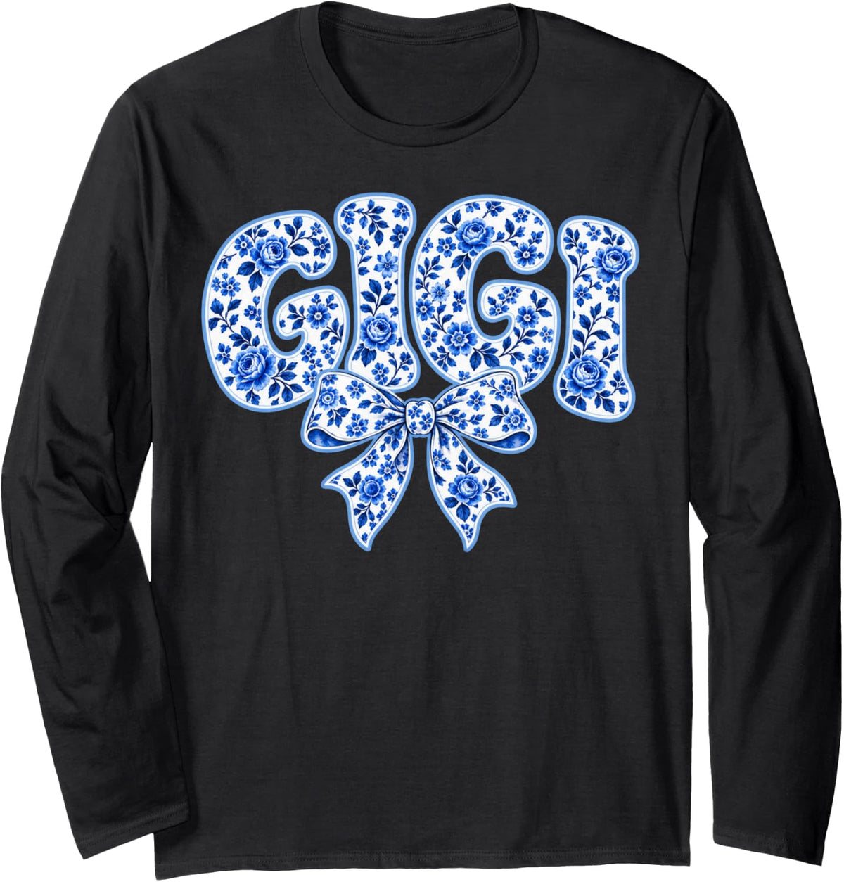 Gigi Blue Chinoiserie Bubble Name Art Long Sleeve T-Shirt - Adult Unisex Black