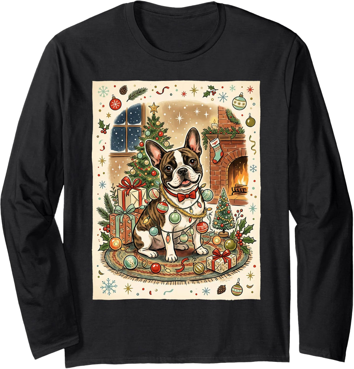 French Bulldog Frenchie String Lights Ornaments Tinsel Retro Long Sleeve T-Shirt - Adult Unisex Black