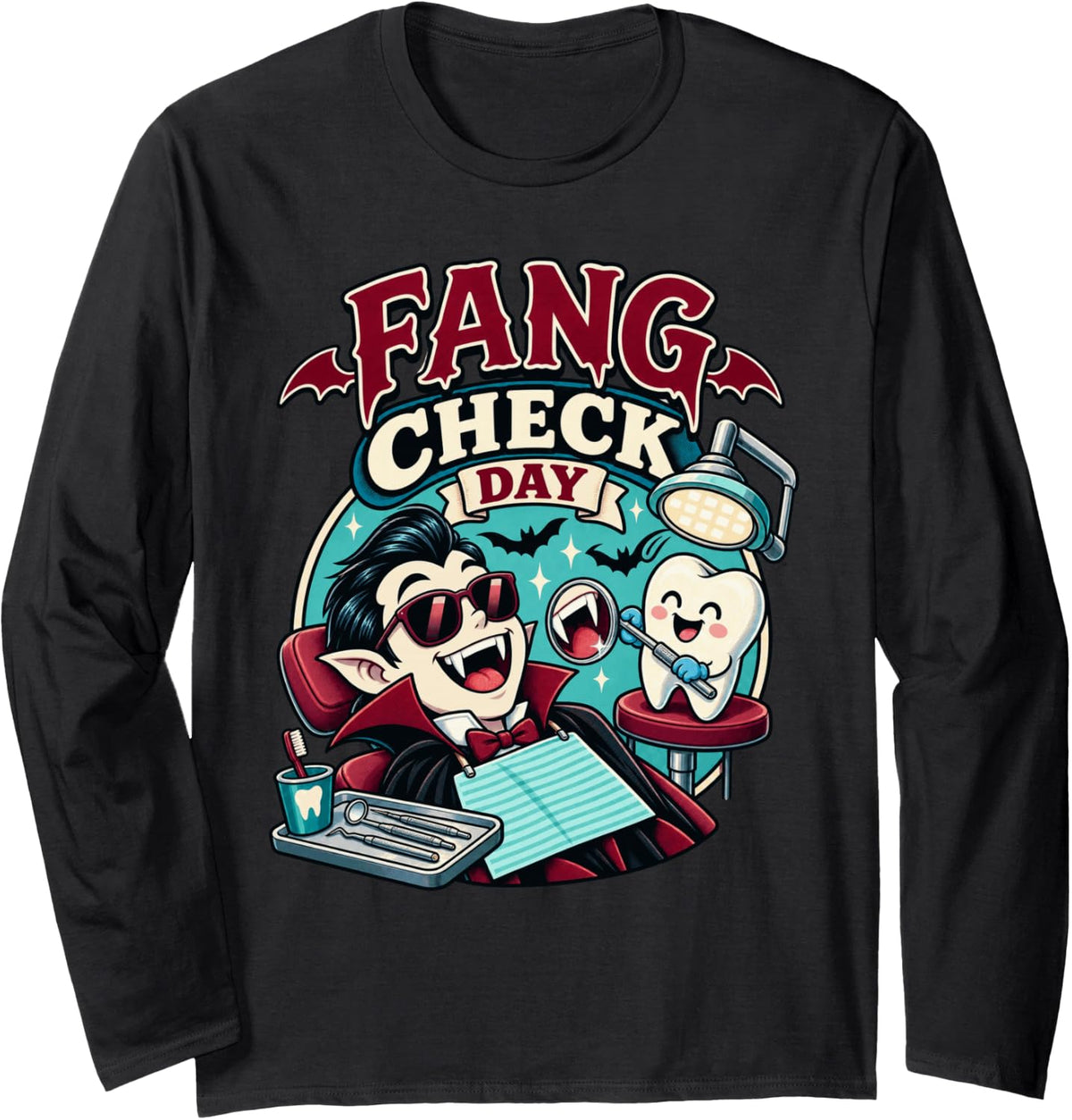 Fang Check Day Halloween Dental Long Sleeve T-Shirt - Adult Unisex Black