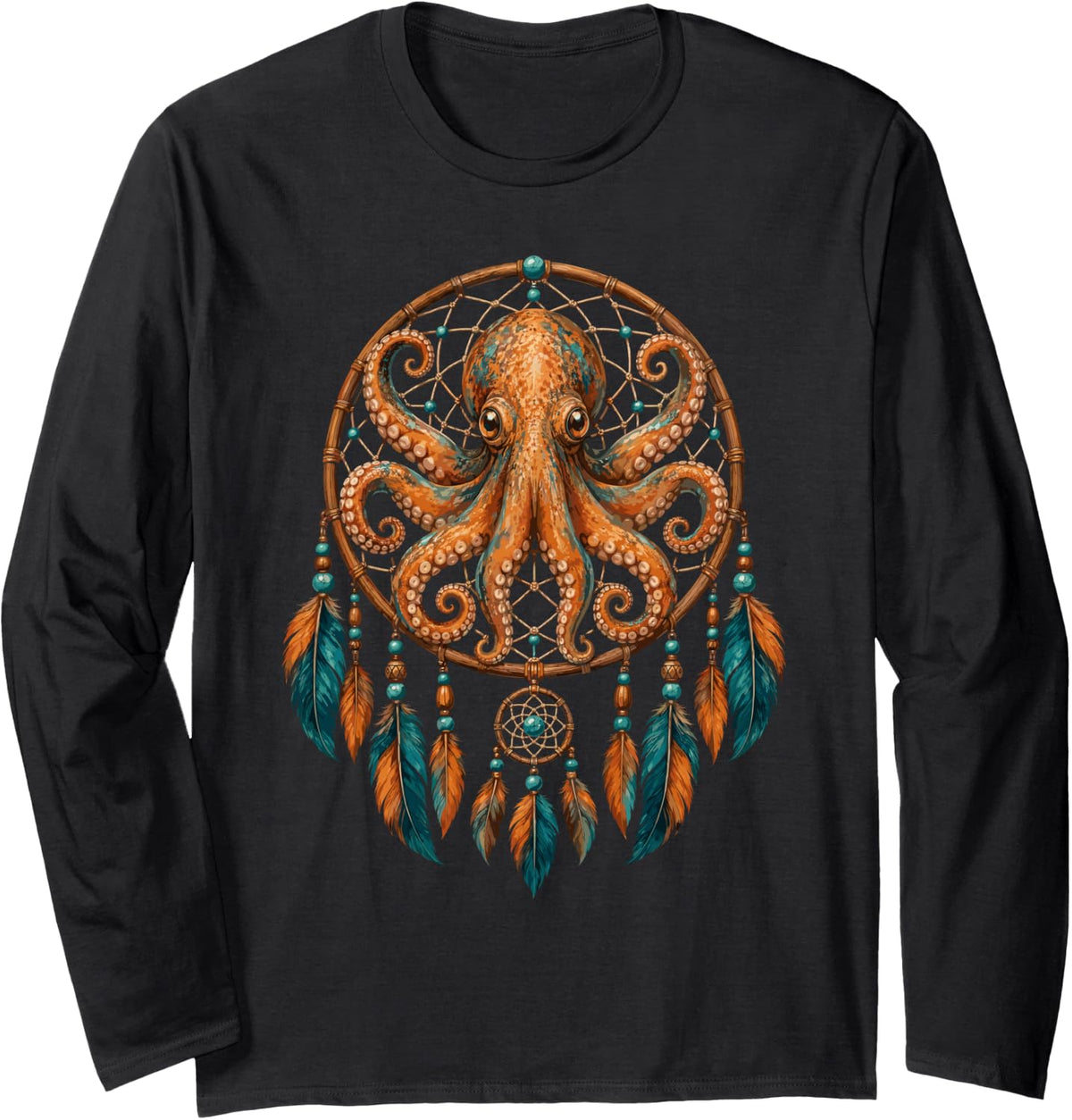 Dreamcatcher Feather Art - Octopus Long Sleeve T-Shirt - Adult Unisex Black