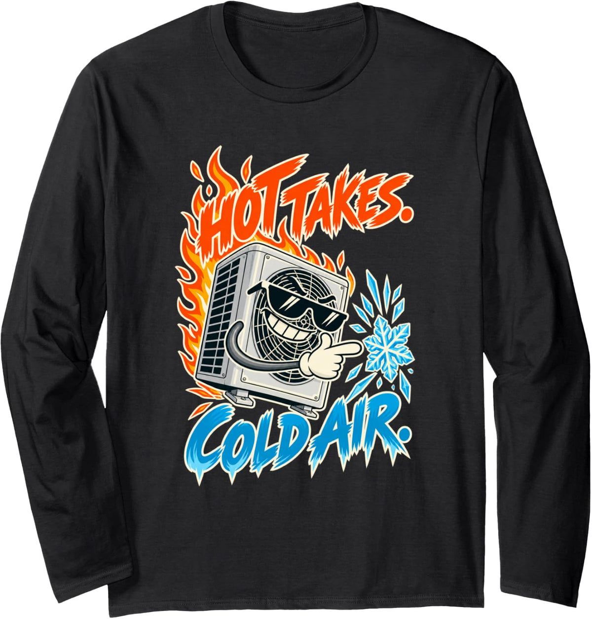 HVAC Tech Comic AC Unit Fire and Ice Gift Hot Takes Cold Air Long Sleeve T-Shirt - Adult Unisex Black