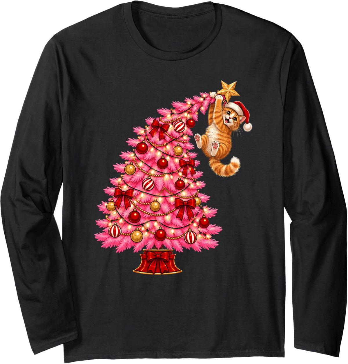 Pink Christmas Tree Funny Ginger Cat Climbing Long Sleeve T-Shirt - Adult Unisex Black