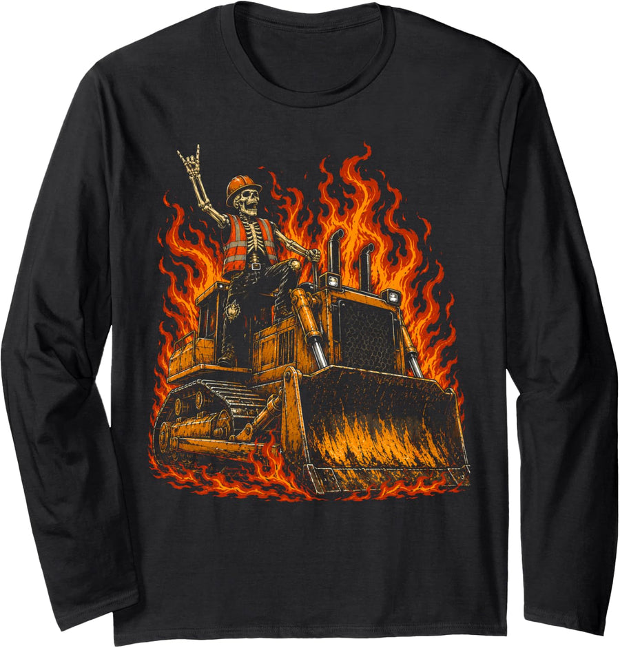 Heavy Equipment Operator Bulldozer Halloween Skeleton Long Sleeve T-Shirt - Adult Unisex Black