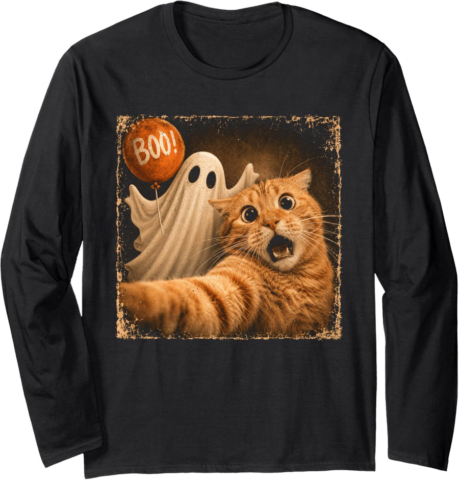 Halloween Funny Selfie Ginger Cat Ghost Boo Long Sleeve T-Shirt - Adult Unisex Black