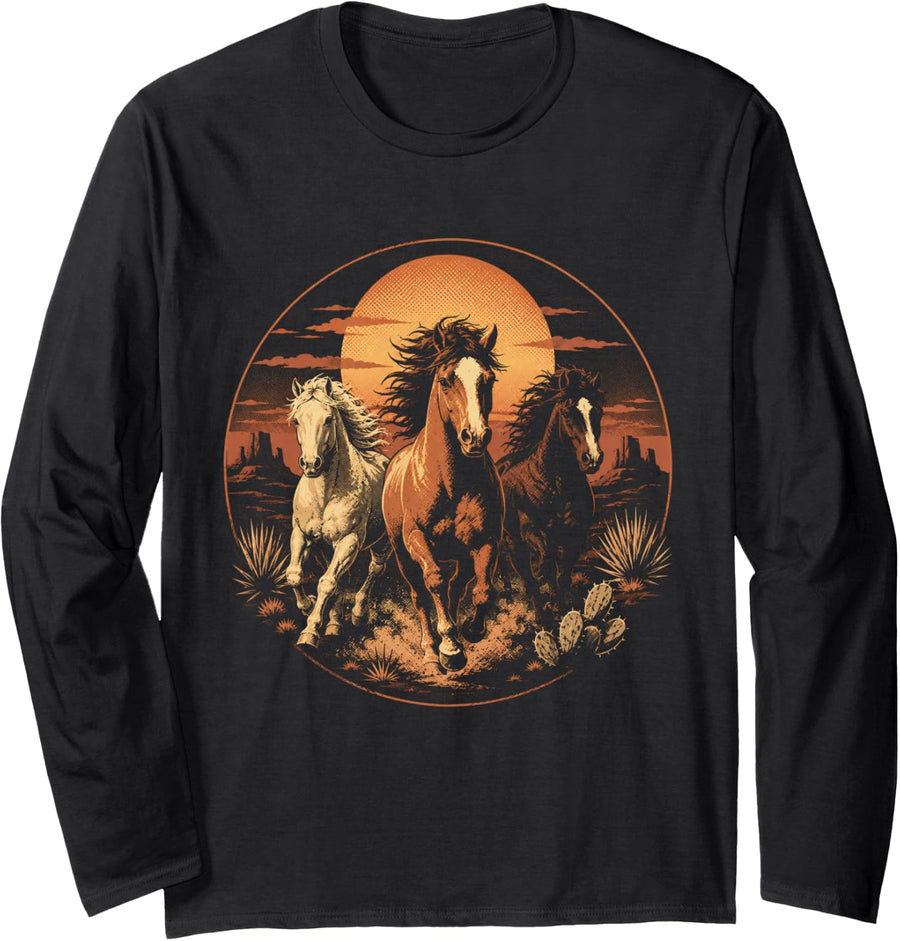 Running Horses Western Desert Sunset Vintage Long Sleeve T-Shirt - Adult Unisex Black
